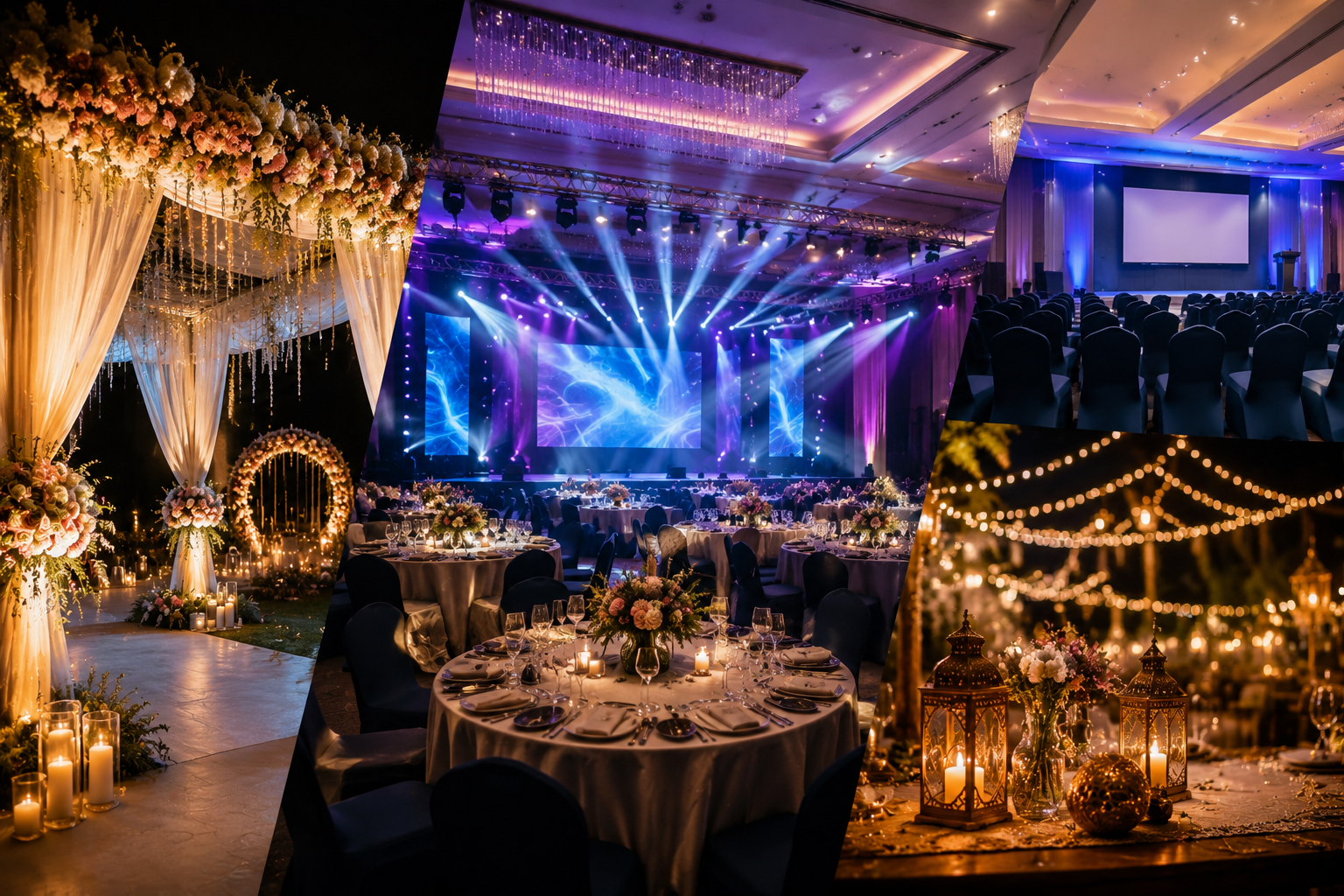 Elegant event management setups including wedding stage, banquet hall decoration, and corporate event arrangements by Concept & Creation in Northeast India