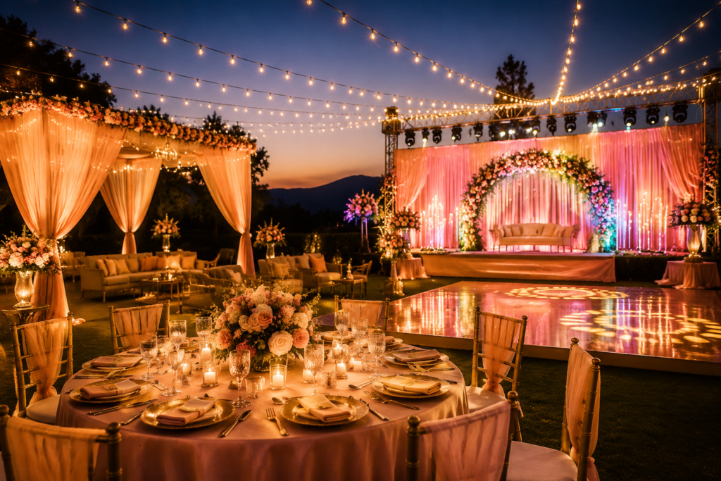 Beautiful outdoor luxury wedding event setup with stage, lights, and floral decorations representing professional event management services in Northeast India