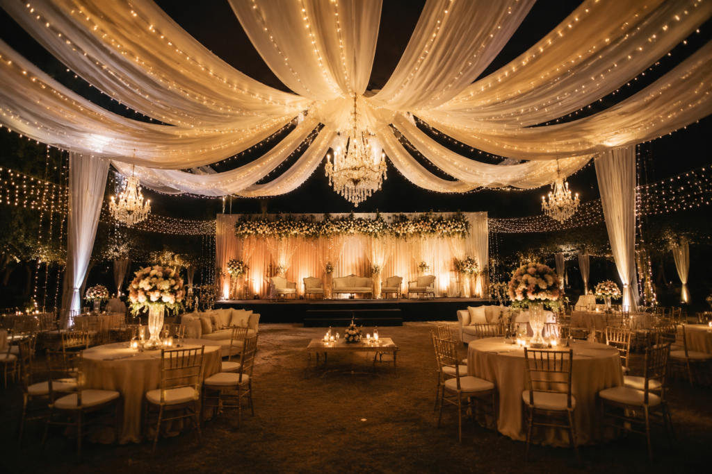 Luxury wedding event setup in Guwahati with elegant stage decoration, floral arrangements, and premium lighting by Concept and Creation event management company