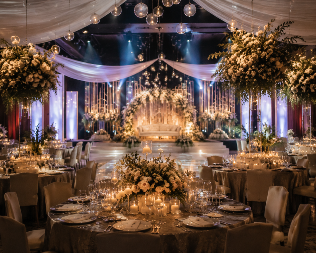 Luxury wedding event setup with elegant lighting, floral decoration, and premium stage design representing Concept and Creation event planners