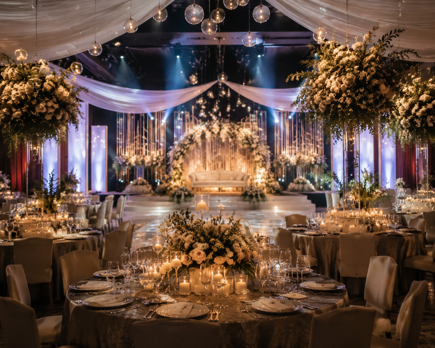 Luxury wedding event setup with elegant lighting, floral decoration, and premium stage design representing Concept and Creation event planners